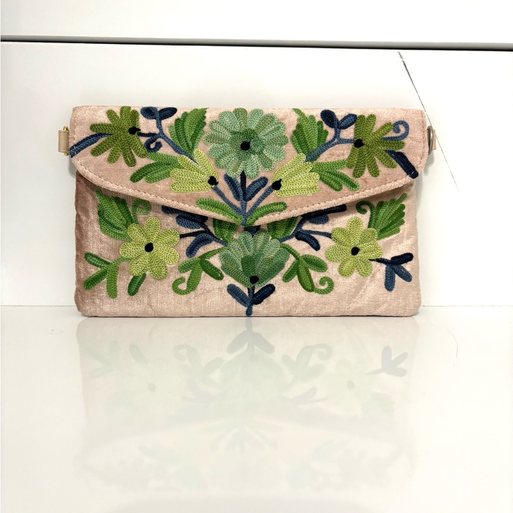 Floral Hand Embroidered Clutch- Beige, Blue and Green